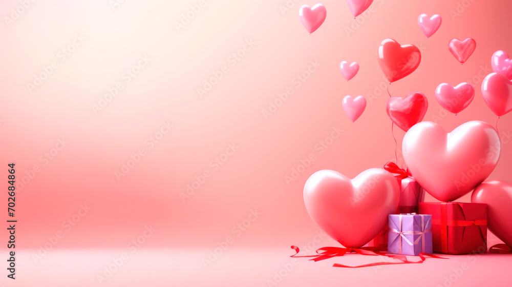 Pastel pink table with colorful heart-shaped balloons for birthday or valentine's day. AI generated