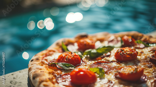 mouthwatering pizza next to summer swimming pool photo