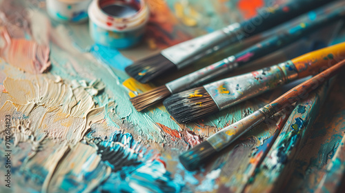 set of accessories for painting with paints and brushes. fine art tools. creative flatlay composition with copy space