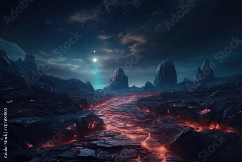 A surreal futuristic landscape with a winding, neon-lit path through a dark, rocky terrain and a bright, star-filled sky in the background