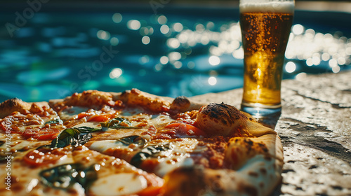 mouthwatering pizza and beer glass next to summer swimming pool photo