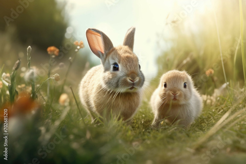 A baby rabbit hopping alongside its mother in a meadow