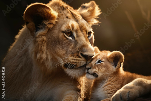 A baby lion cub with its mother, in a warm embrace and looking into each other's eyes