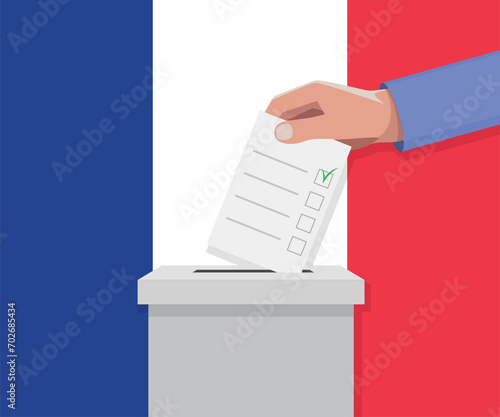 France election concept. Hand puts vote bulletin