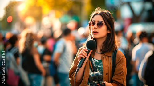 A reporter ready to conduct an interview on the street. AI generated