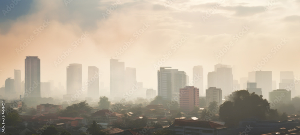 Smog city from PM 2.5 dust, Cityscape of buildings with bad weather and air pollution,Toxic haze in the city, Unhealthy air pollution dust, environment, Blurred image