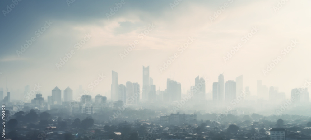 Smog city from PM 2.5 dust, Cityscape of buildings with bad weather and air pollution,Toxic haze in the city, Unhealthy air pollution dust, environment, Blurred image