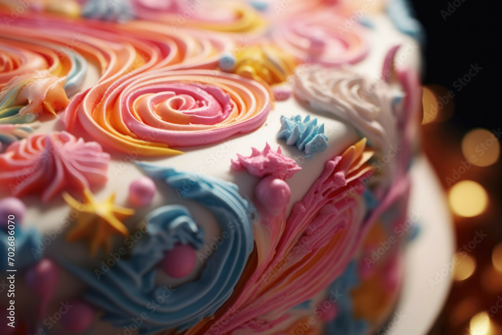 A close-up of a colorful, detailed cake