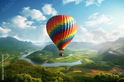 a colorful hot air balloon rising up into the sky with a picturesque view of the landscape below