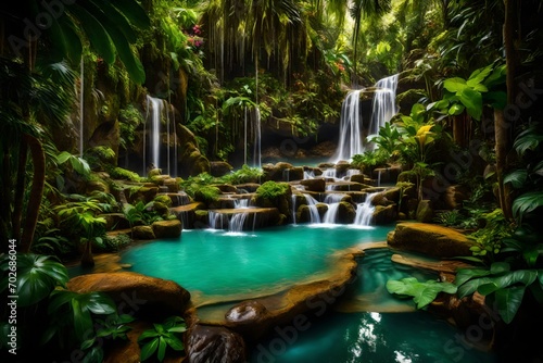 A lush  tropical paradise with waterfalls cascading into a pristine emerald pool surrounded by vibrant flora.