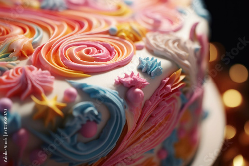 A close-up of a colorful, detailed cake