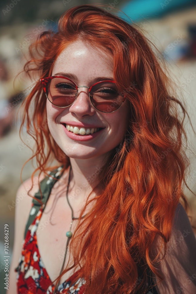 Red-haired young girl in red trendy fashionable glasses on the beach