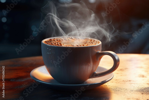 A steaming cup of coffee, with condensation forming on the mug