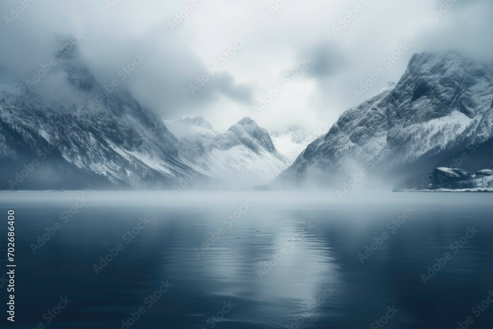 A foggy mountain lake surrounded by snow-covered peaks