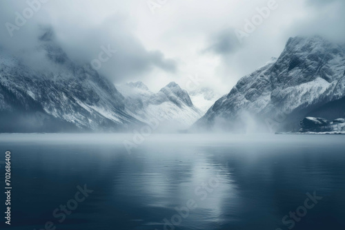 A foggy mountain lake surrounded by snow-covered peaks