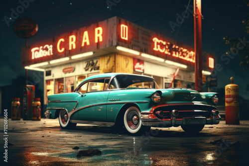 A vintage car parked in front of a retro gas station