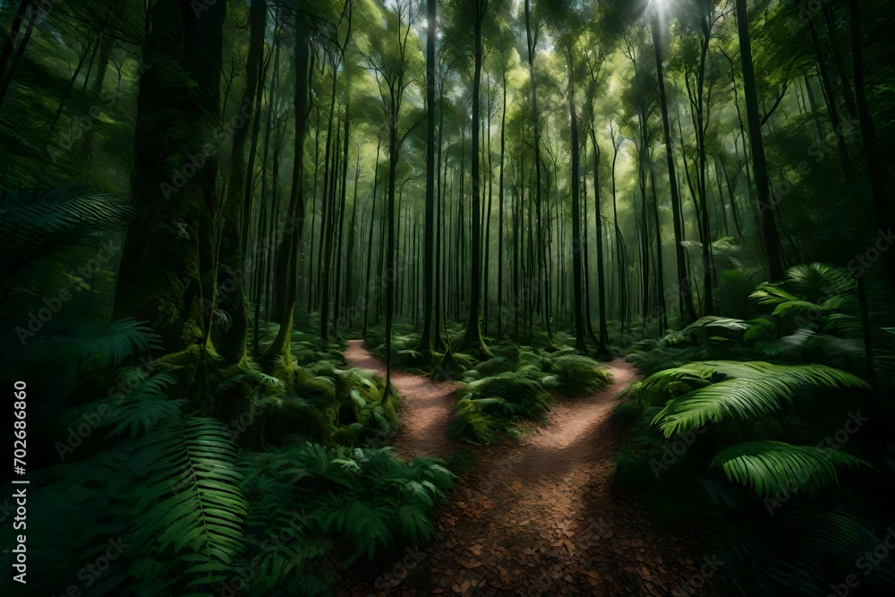 Fototapeta premium A network of walking trails leading through a dense forest, inviting exploration of the diverse and captivating nature on the island.