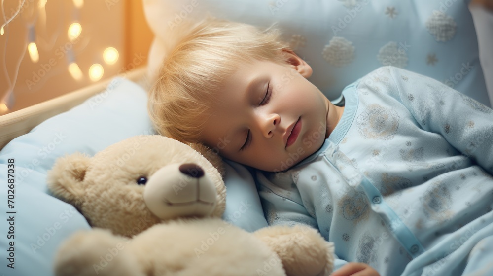 A little boy with blonde hair sleeps on a bed with a soft toy bear in her arms. A child's sweet sleep A little boy with blonde hair sleeps on a bed with a soft toy bear in her arms. A child's sweet sleep
