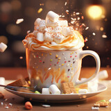 A cup of steaming hot coffee with a variety of toppings and decorations, including marshmallows, chocolate chips, and sprinkles