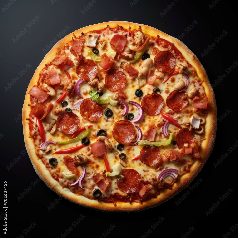 A freshly baked pizza with a variety of toppings, isolated on white background A freshly baked pizza with a variety of toppings, isolated on white background