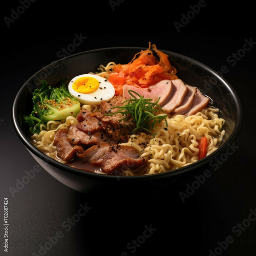 A bowl of freshly cooked ramen noodles, with a variety of vegetables, meat, and spices, isolated on white background