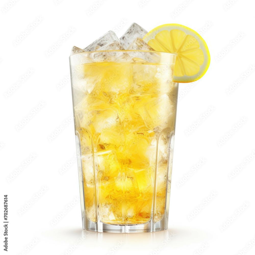 A glass of freshly squeezed lemonade with ice cubes isolated on white background A glass of freshly squeezed lemonade with ice cubes isolated on white background