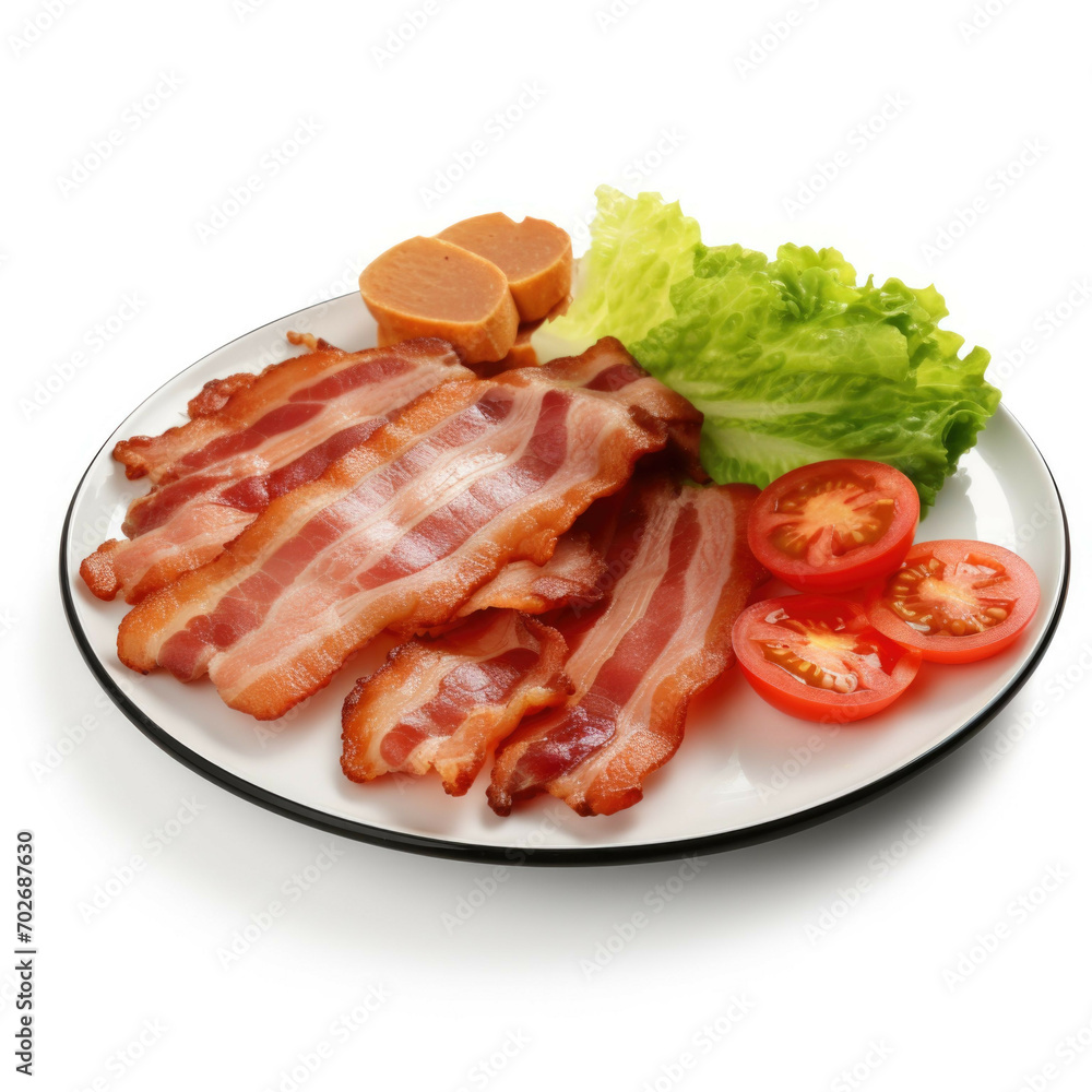 A plate of freshly cooked bacon, with a few slices of tomatoes and lettuce, isolated on white background