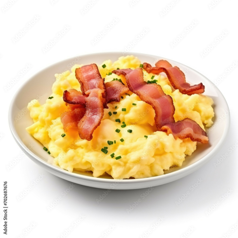 A plate of freshly cooked scrambled eggs with bacon, isolated on white background A plate of freshly cooked scrambled eggs with bacon, isolated on white background
