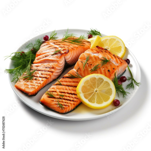 A plate of grilled salmon, with a few slices of lemon, a few sprigs of dill, and a drizzle of olive oil, isolated on white background