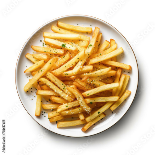 A plate of freshly cooked french fries, with a few slices of pickles and a sprinkle of salt, isolated on white background