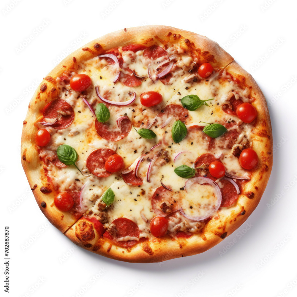 A freshly prepared pizza, with a variety of toppings, isolated on white background