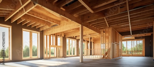 Construction of New Home Construction or Residential Buildings with Wooden Beams and Ceilings