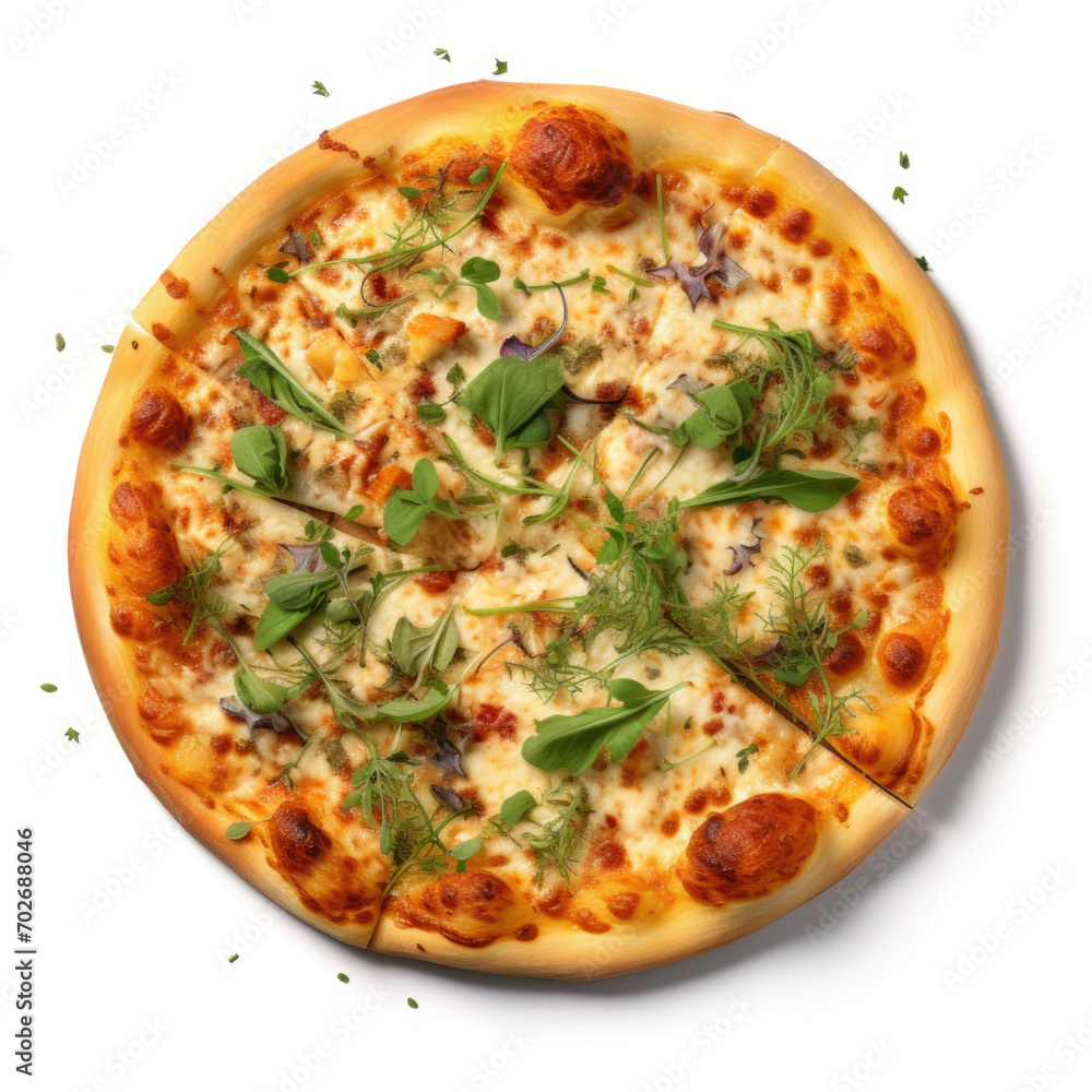 A pizza with a golden-brown crust, topped with a variety of herbs, isolated on white background A pizza with a golden-brown crust, topped with a variety of herbs, isolated on white background