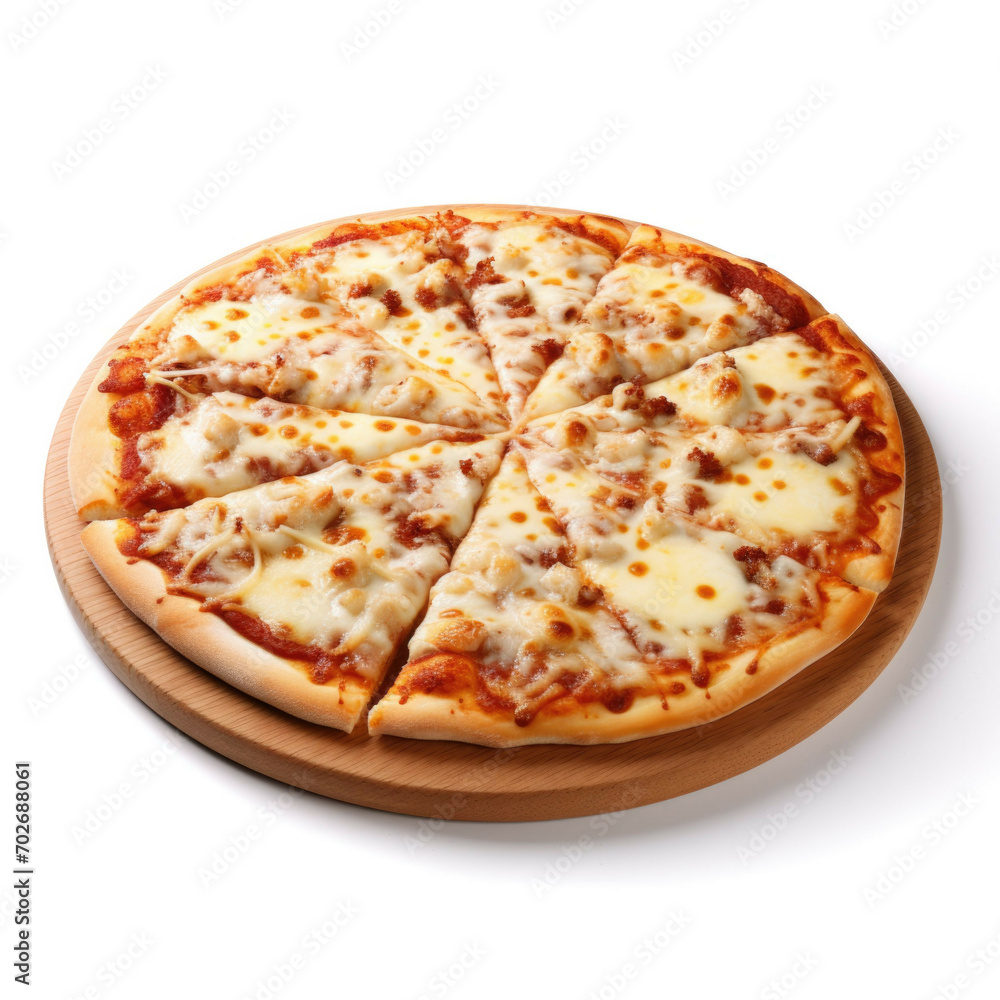A pizza with a golden-brown crust, topped with a variety of cheeses, isolated on white background A pizza with a golden-brown crust, topped with a variety of cheeses, isolated on white background