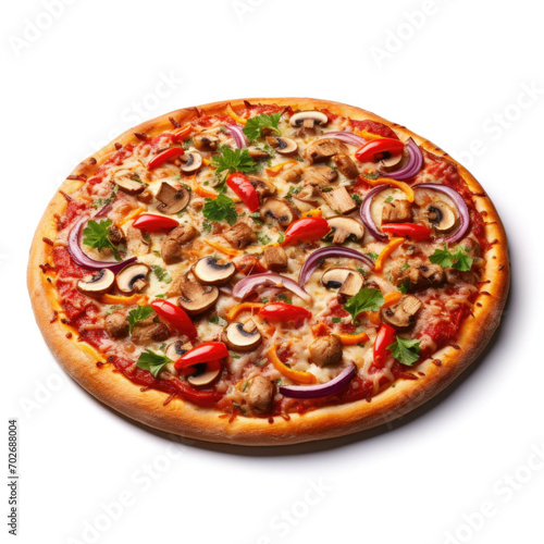 A pizza with a golden-brown crust, topped with a variety of colorful vegetables, isolated on white background