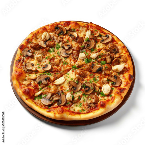 A pizza with a golden-brown crust, topped with a variety of mushrooms, isolated on white background