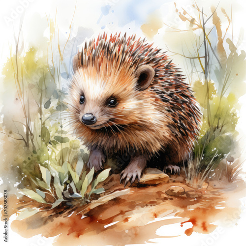 Watercolor Colorful Echidna Illustration, Generative Ai photo