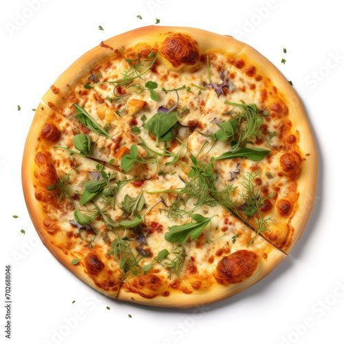 A pizza with a golden-brown crust, topped with a variety of herbs, isolated on white background