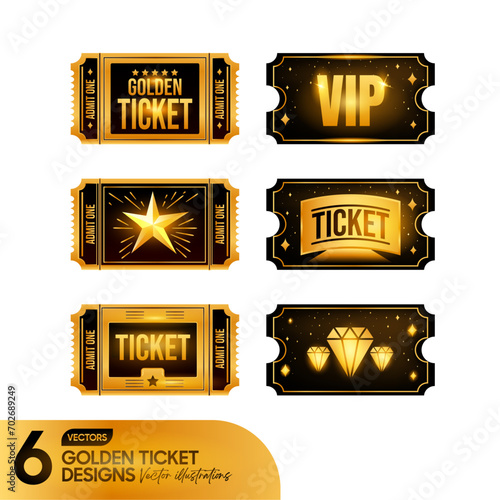set of tickets gold tickets. Gold movie, Park or theatre coupons. realistic vector ticket template
