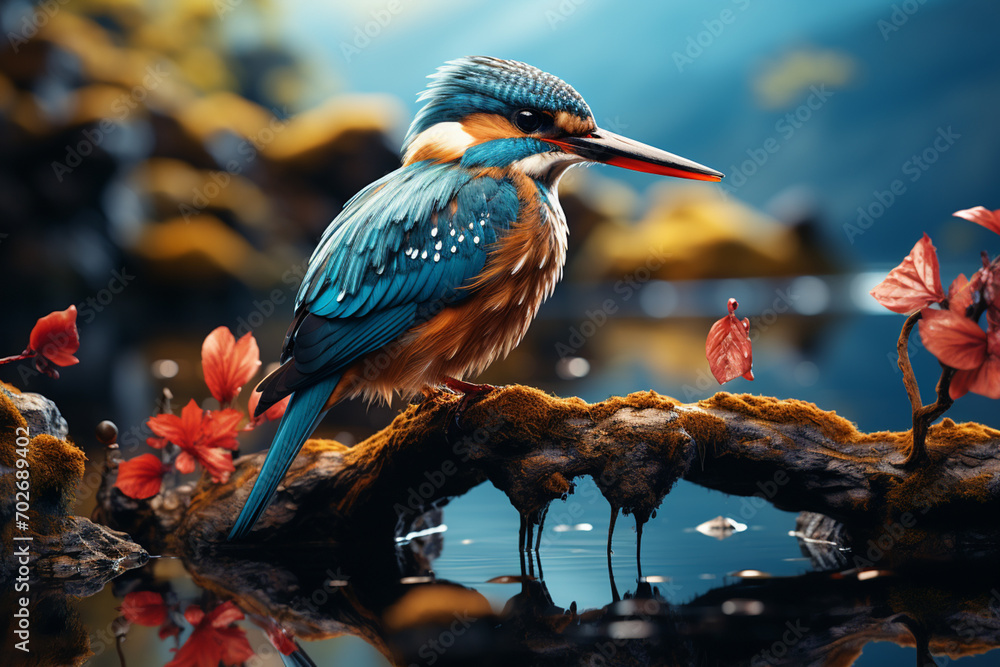 A Kingfisher perched on a branch overlooking a tranquil rainforest pond, its vibrant orange and blue feathers catching the eye. A Kingfisher perched on a branch overlooking a tranquil rainforest pond, its vibrant orange and blue feathers catching the eye.
