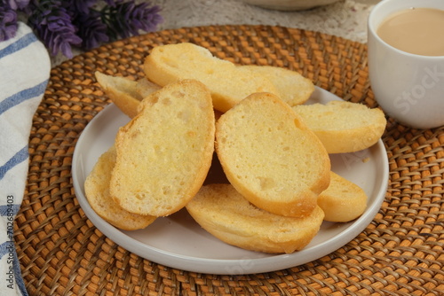 Bagelen or roti bagelen is dried bread with Sugar Sprinkle and crunchy texture, Indonesian traditional snack