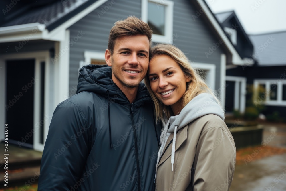 Happy couple standing in front of the house. Proud couple smiling happily standing in front of their new house.