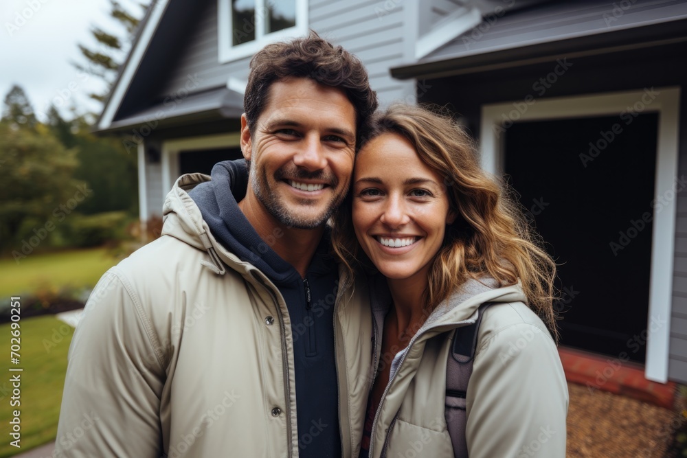 Happy couple standing in front of the house. Proud couple smiling happily standing in front of their new house. Happy couple standing in front of the house. Proud couple smiling happily standing in front of their new house.