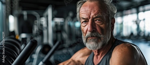 Fatigued older man with facial hair gazing at camera while at the gym with exercise equipment.