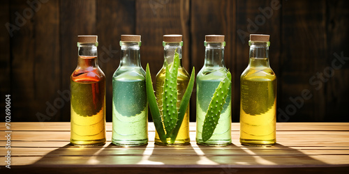 bottle of Sotol Mexican alcohol with Dasylirion wheeleri plant in background, aloe vera plant and natural skincare products, generative AI
 photo