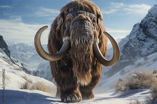 A photorealistic render of a majestic woolly mammoth standing in a snowy landscape, with long tusks and shaggy fur.
