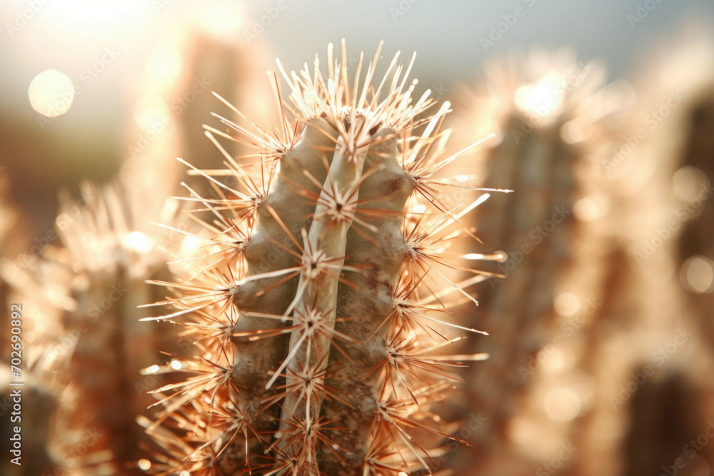 A cactus in the desert with its spines glistening in the sun