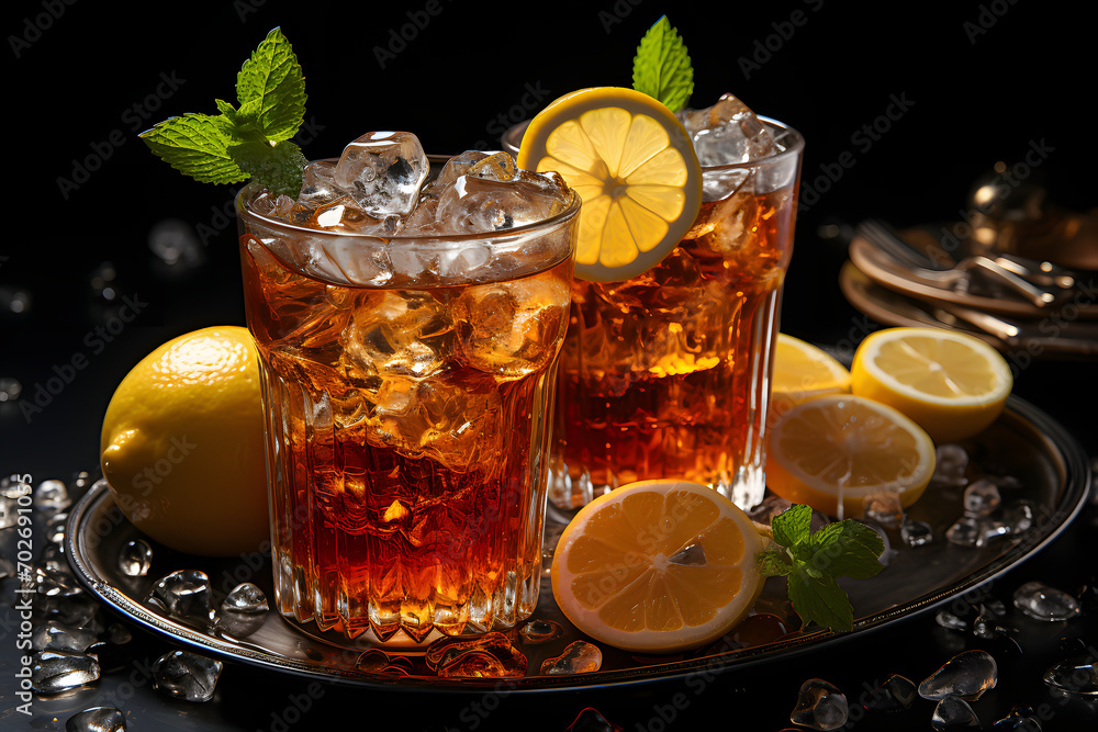 Iced Tea Cocktail, dramatic studio lighting and a shallow depth of field. Placed on a reflective black surface.no.03 Iced Tea Cocktail, dramatic studio lighting and a shallow depth of field. Placed on a reflective black surface.no.03