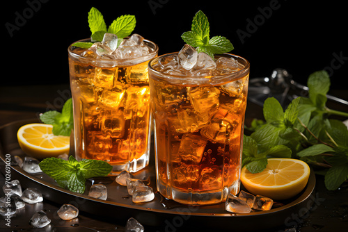 Iced Tea Cocktail, dramatic studio lighting and a shallow depth of field. Placed on a reflective black surface.no.04