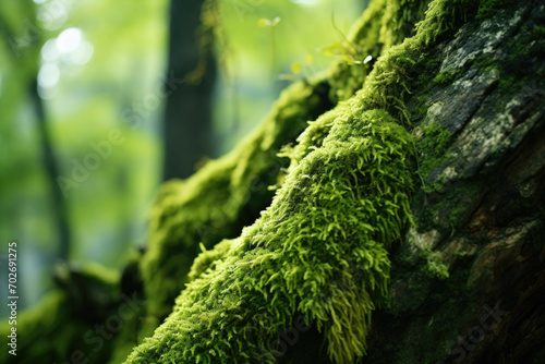 A mossy tree trunk in a forest, covered in vibrant green moss, isolated on white background